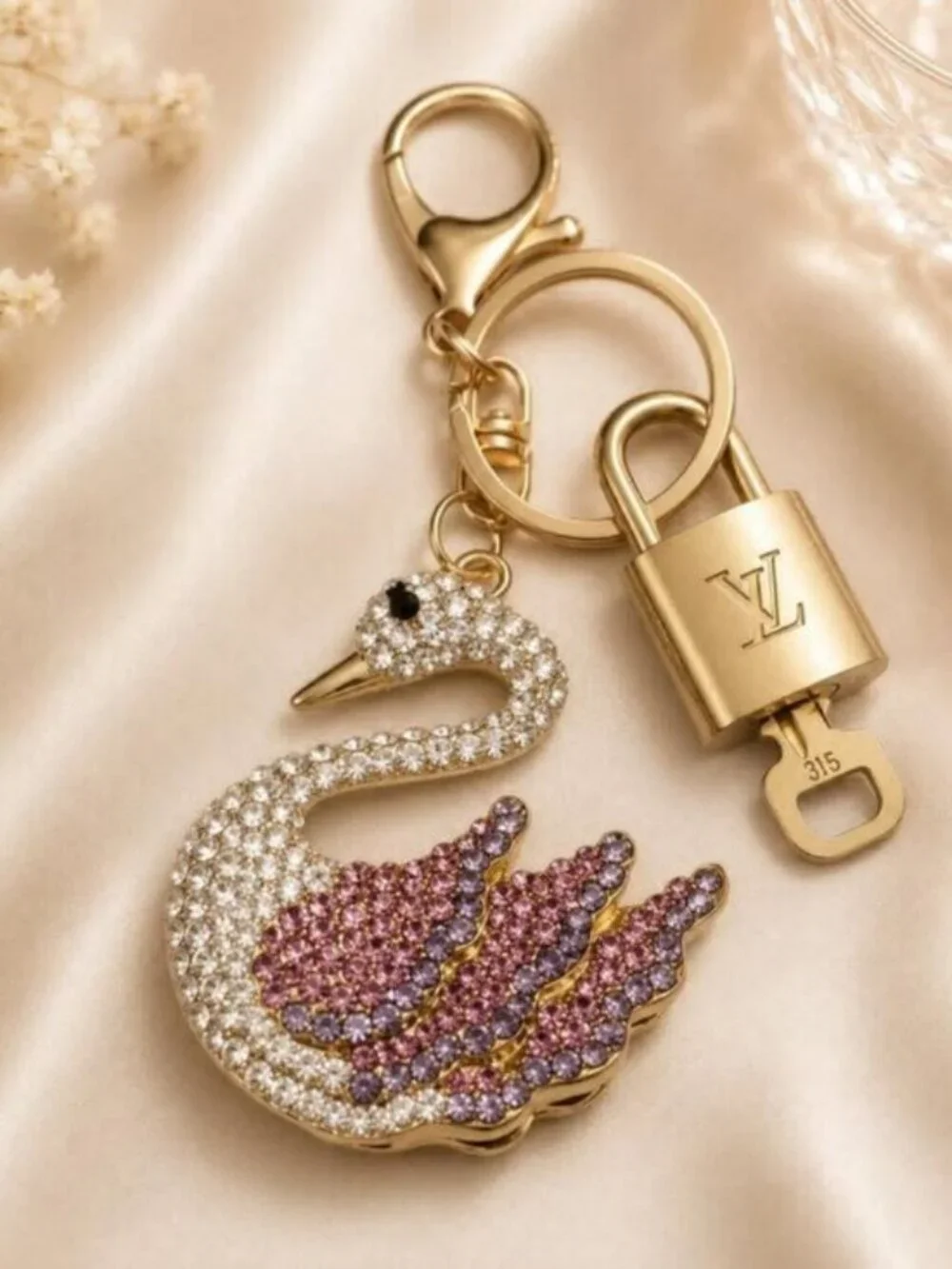 Authentic Louis Vuitton Padlock & Key Gold ✨Unbranded Swan Bag Charm Keychain